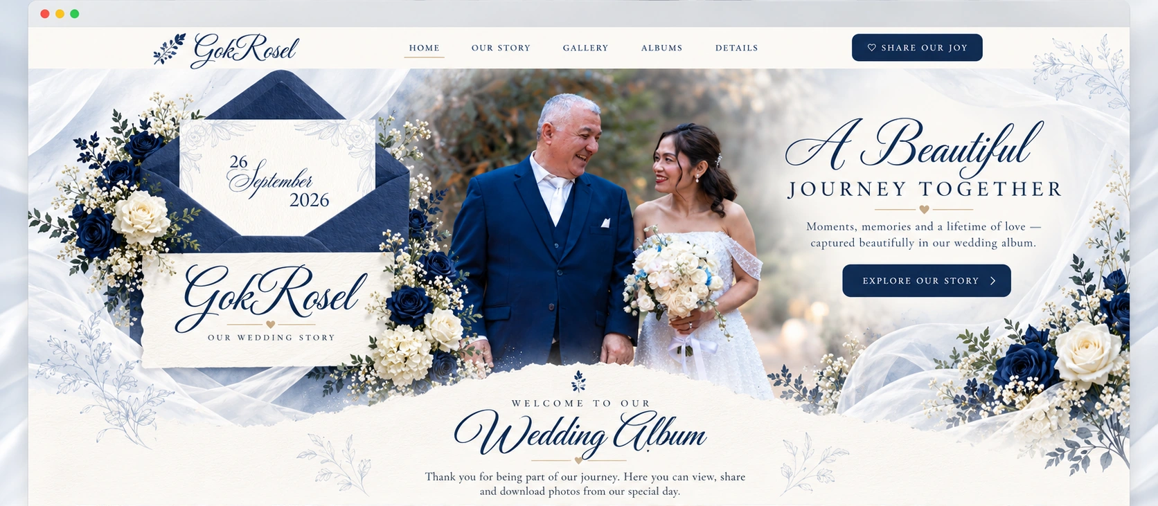 GokRosel — 26 September 2026. Wedding invitation, our portrait and welcome to our wedding album.